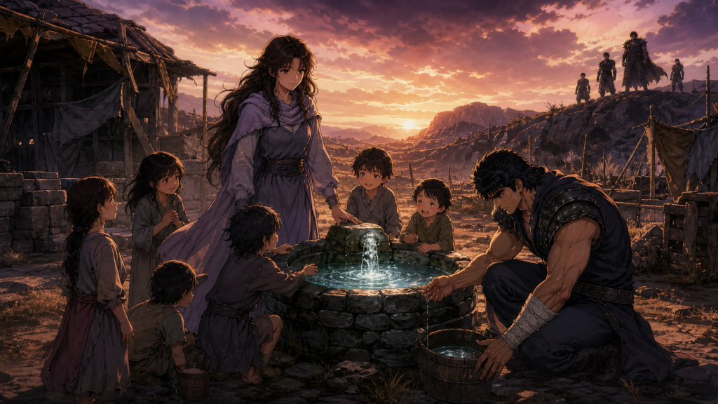 Modern fan art of Toyo and the village children gathering around the well Kenshiro opened as Jackal watches from afar