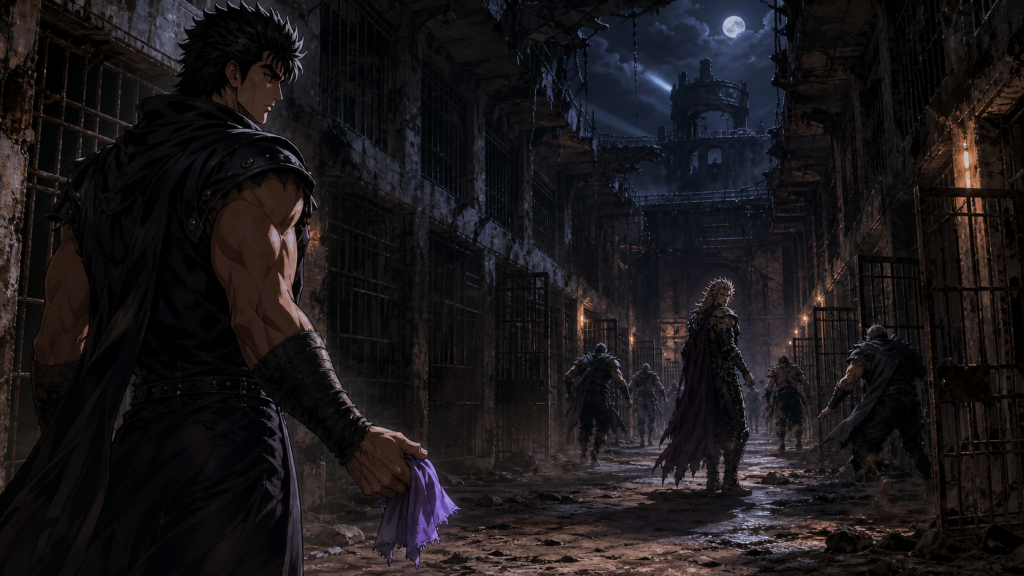 Modern fan art of Kenshiro carrying Toyo’s lavender cloth while pursuing Jackal through ruined Villainy Prison