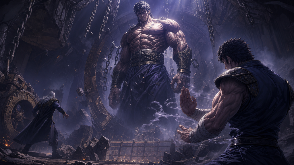 Modern fan art of Kenshiro using disciplined breath as Devil Rebirth emerges and Jackal retreats from the broken seal