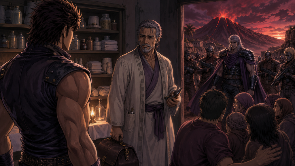 Modern fan art of Dr. Duran facing Kenshiro inside his clinic while Dante threatens the village outside