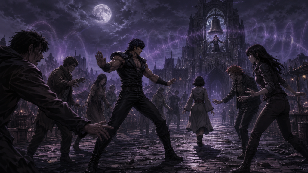 Modern fan art of Kenshiro shielding hypnotized townspeople as Lin walks toward Zaria’s midnight bell