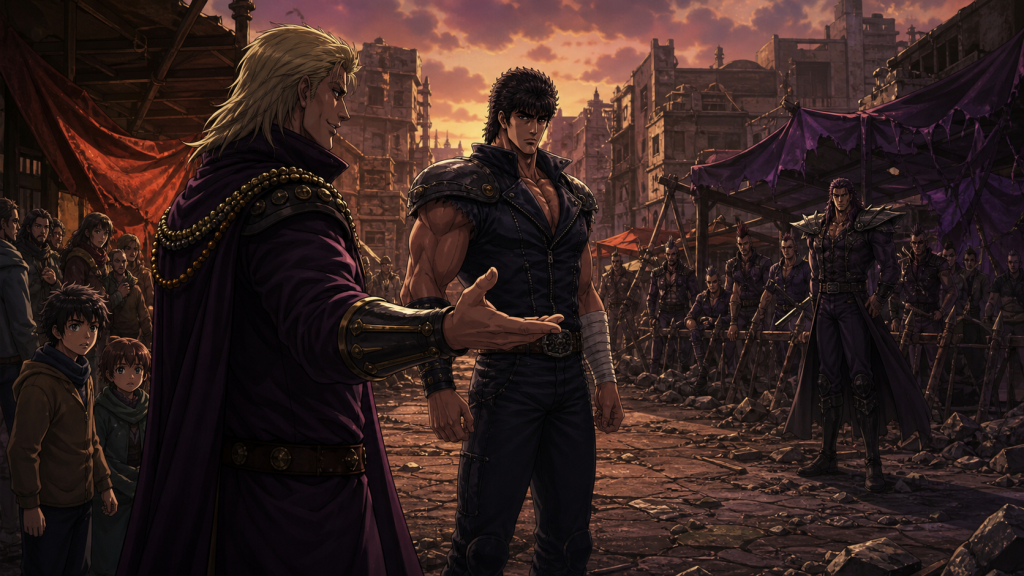 Modern fan art of Baron offering Kenshiro a false alliance while Junk’s rival gang and vulnerable townspeople watch