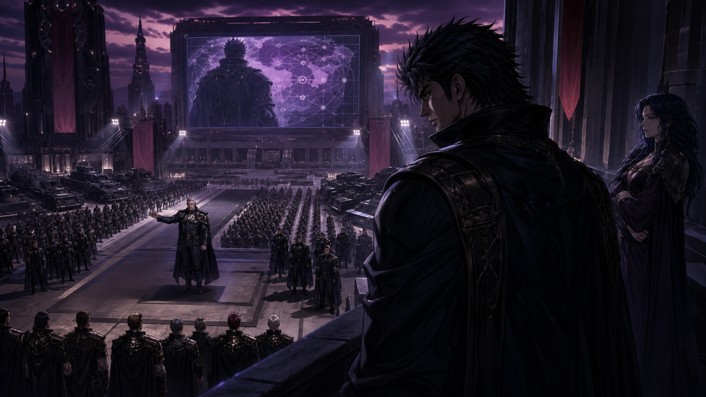 Modern fan art of Balcom mobilizing KING at Southern Cross while Shin watches and Yuria remains isolated