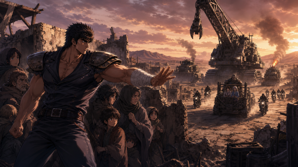 Modern fan art of Kenshiro shielding villagers from KING machinery while Bat and Lin are transported under guard