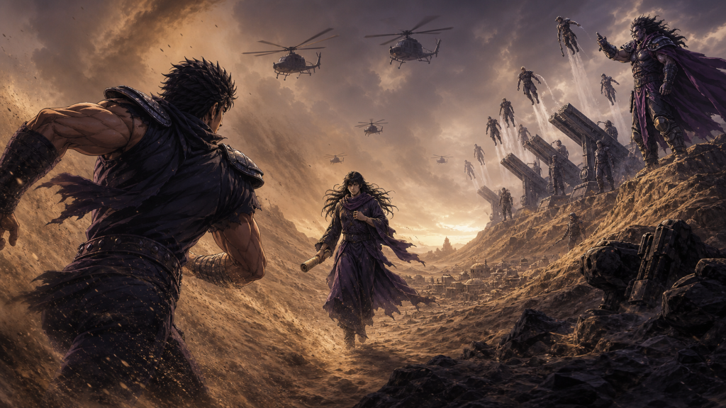 Modern fan art of Kenshiro and Temjina crossing a sandstorm beneath KING helicopters and Garekki’s airborne fighters