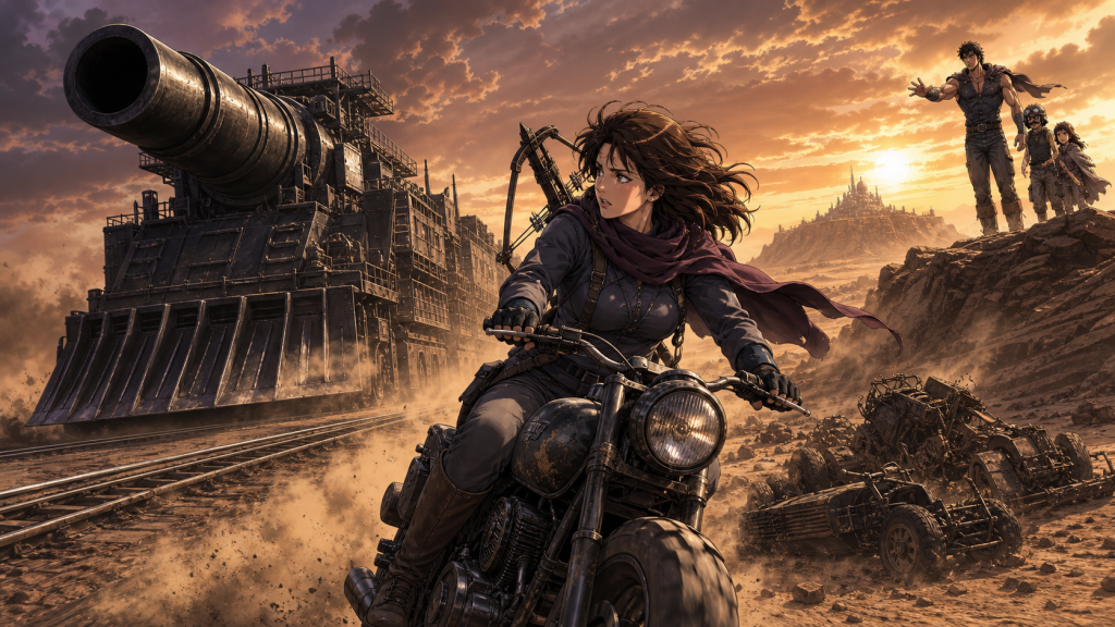 Modern fan art of Jennifer riding across the Nanto Train Cannon’s sightline while Kenshiro, Bat and Lin remain behind