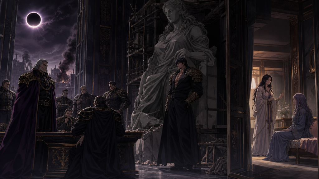 Modern fan art of Balcom’s Southern Cross coup, Shin’s unfinished monument and Saki giving Yuria hope under the eclipse
