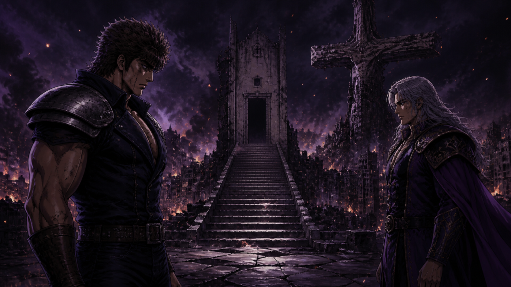 Modern fan art of Kenshiro and Shin facing each other across an empty staircase while Southern Cross burns