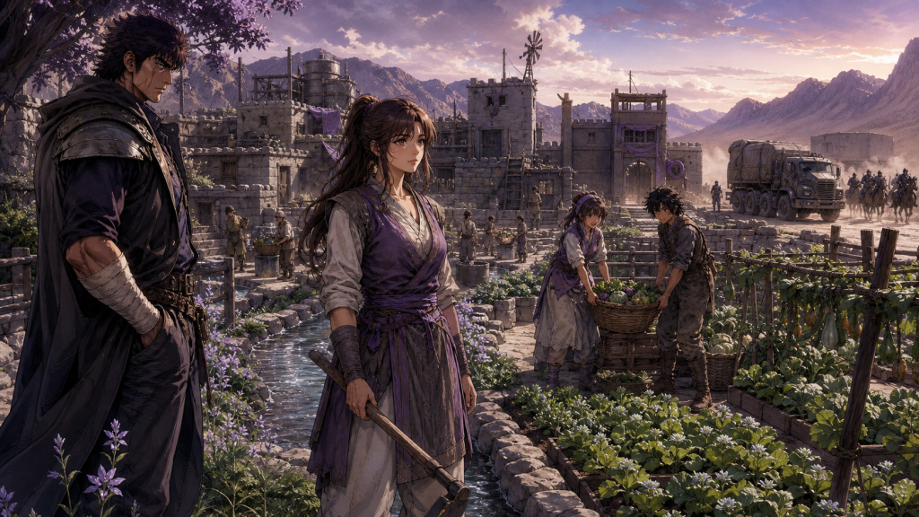 Modern fan art of Mamiya leading a rebuilding village while Kenshiro watches Lin and Bat protect its harvest