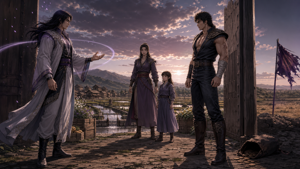 Modern fan art of Rei and Kenshiro facing each other at Mamiya’s village gate while Mamiya and Lin watch