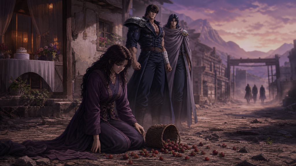 Modern fan art of Mamiya grieving beside Kou’s spilled strawberries while Kenshiro and Rei stand with her