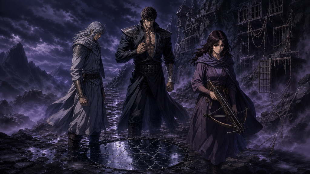 Modern fan art of Rei examining Kenshiro’s seven scars while Mamiya leads them into the night-fog valley