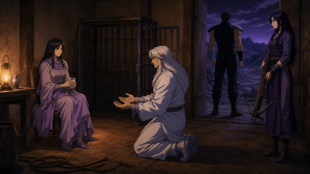 Modern fan art of Airi choosing water while Rei gives her space and Mamiya and Kenshiro protect the refuge
