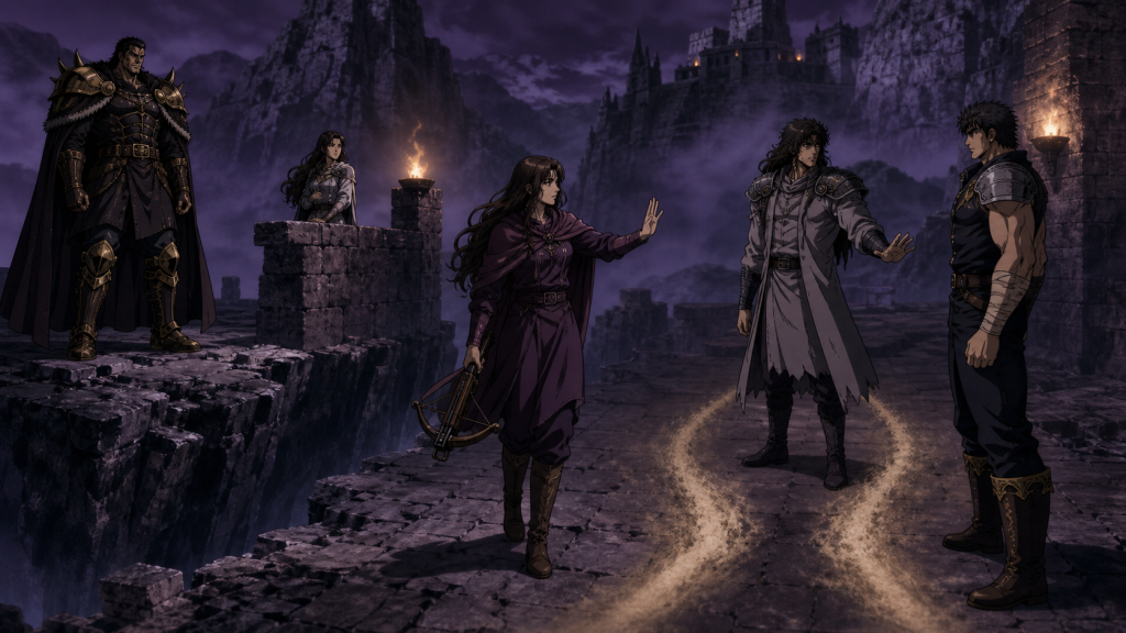 Modern fan art of Mamiya creating time while Fang King tries to force Rei and Kenshiro into conflict over Airi