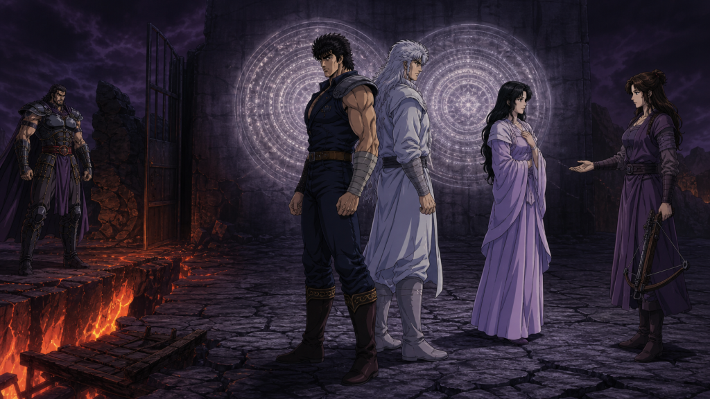 Modern fan art of Kenshiro and Rei standing back-to-back after their false duel while Airi and Mamiya stand free