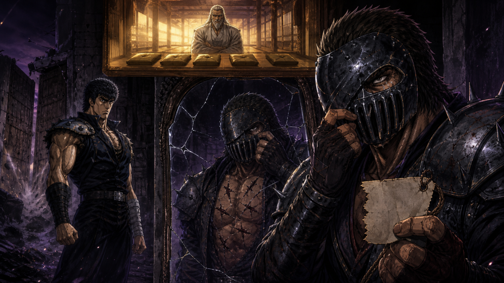 Modern fan art of masked Jagi confronting his false scars in a mirror while Kenshiro and Ryuken frame his stolen identity