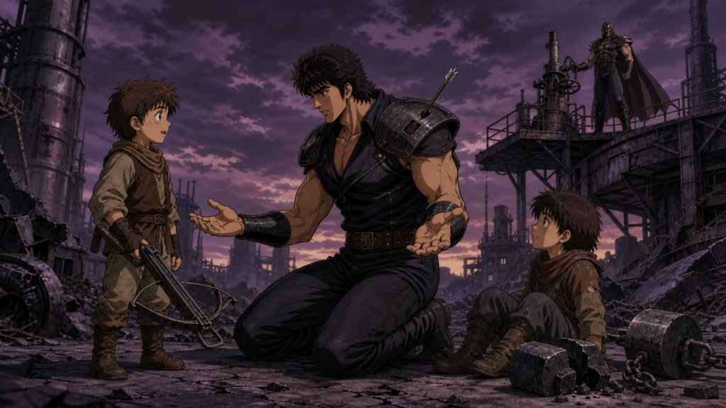 Modern fan art of Kenshiro protecting Mako and Aki after taking Jagi’s controlled crossbow bolt