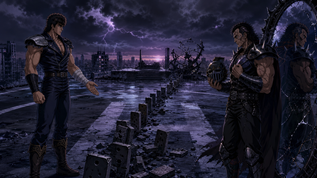 Modern fan art of Kenshiro confronting unmasked Jagi across a rooftop chain of consequences
