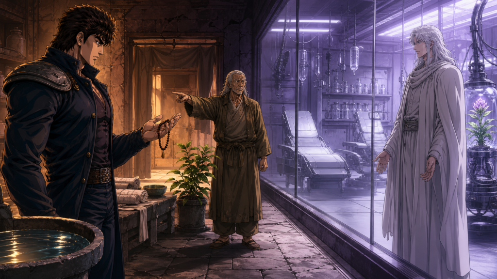 Modern fan art of Kenshiro investigating a villager’s testimony about the healer behind Miracle Village’s glass clinic