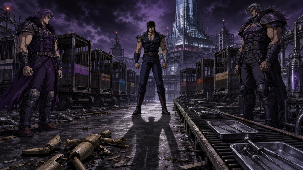 Modern fan art of Kenshiro blocking Habu and Goumu’s empty human-subject transport route into Miracle Village