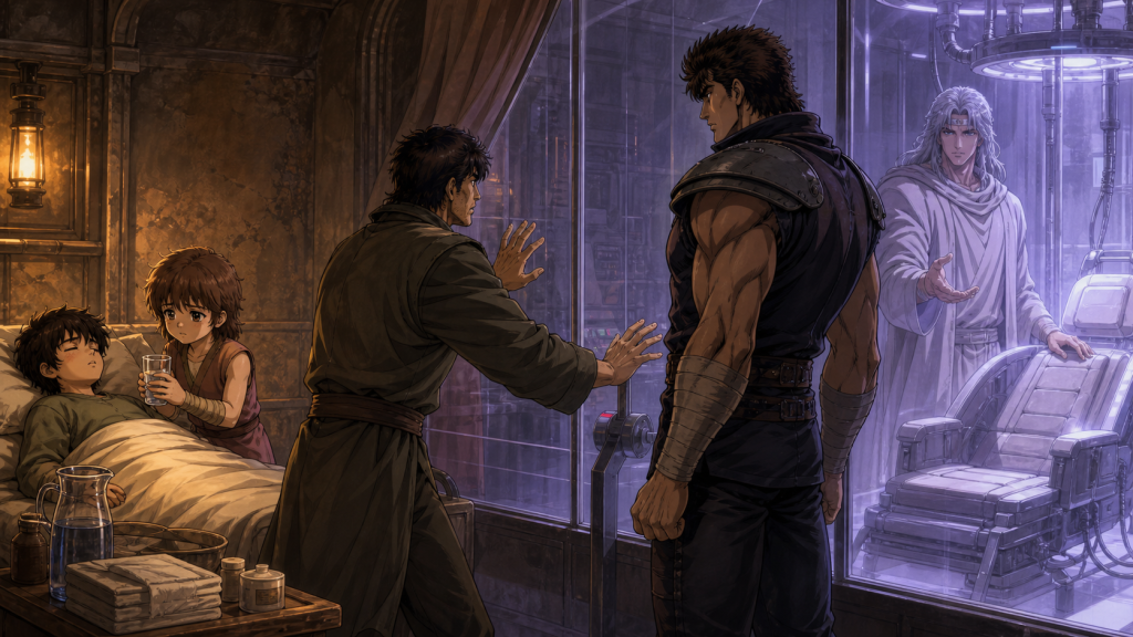 Modern fan art of Kenshiro supporting Yū’s father as Lin cares for Yū outside Miracle Village’s locked experiment room
