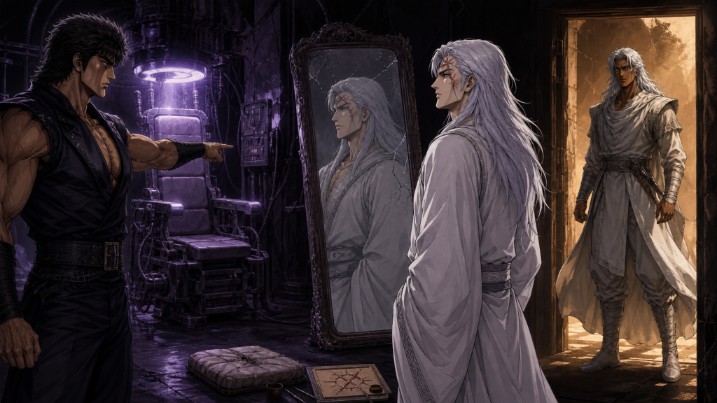 Modern fan art of Kenshiro confronting Amiba’s forged scar as Rei arrives with the truth about Miracle Village