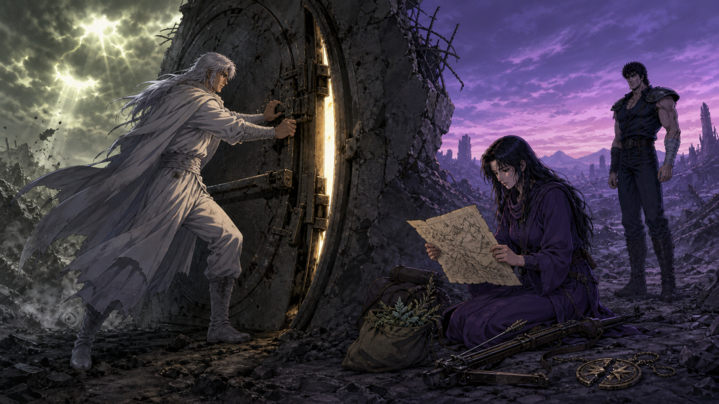 Modern fan art of Toki closing the shelter from outside while Mamiya independently searches and Kenshiro remembers his sacrifice