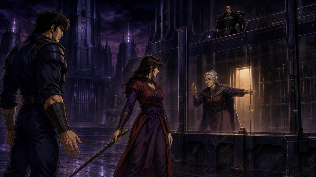 Modern fan art of Bella lowering her weapon as her mother points toward escape and Uighur watches Kenshiro from Cassandra