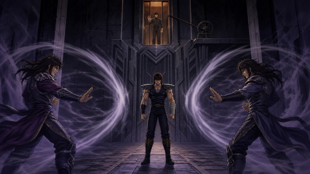Modern fan art of Raiga and Fūga’s paired gate technique stopping around Kenshiro beneath their captive brother’s chamber