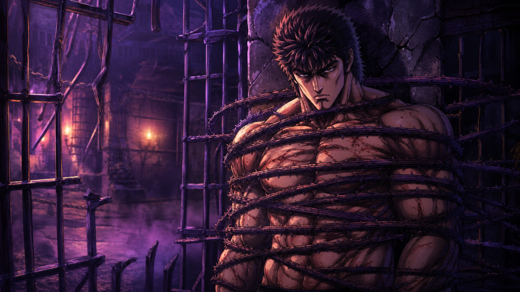 Kenshiro remains defiant while layered bindings hold him inside Cassandra prison.