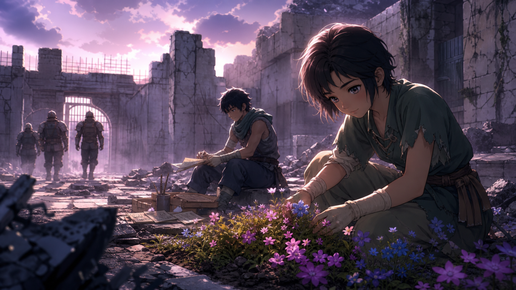 Lin tends flowers while Bat records memory inside the newly liberated Cassandra ruins.