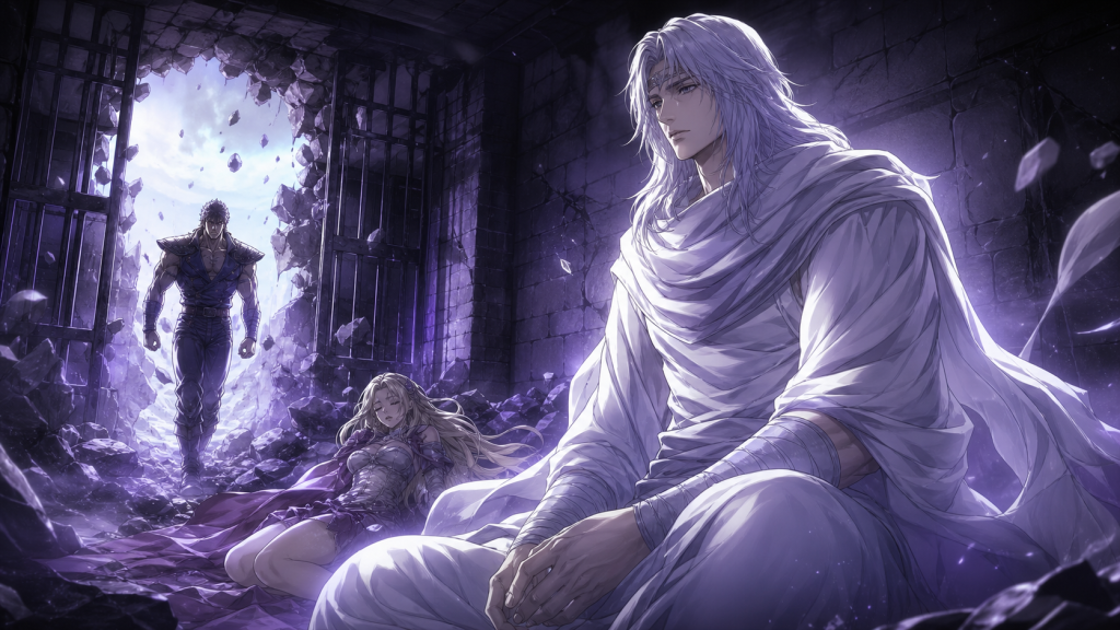 Toki waits with strategic calm while Kenshiro reaches his shattered prison chamber.