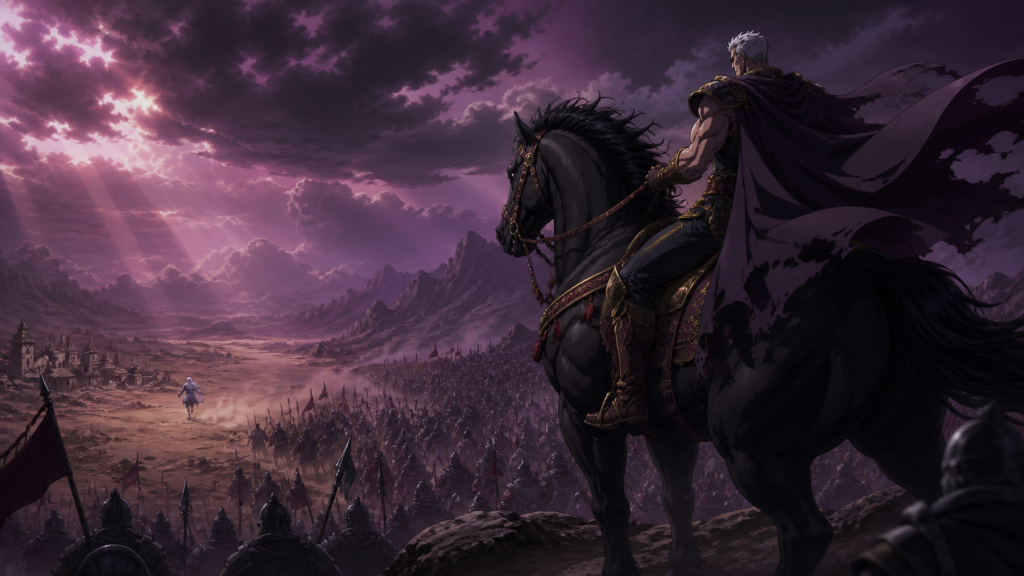 Raoh advances above his army while Rei races toward a threatened village.