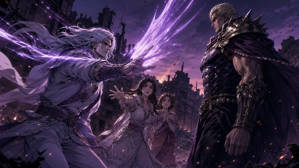 Modern Fist of the North Star fan art showing Rei launching a luminous Nanto technique toward Raoh while Lin and Airi plead behind him