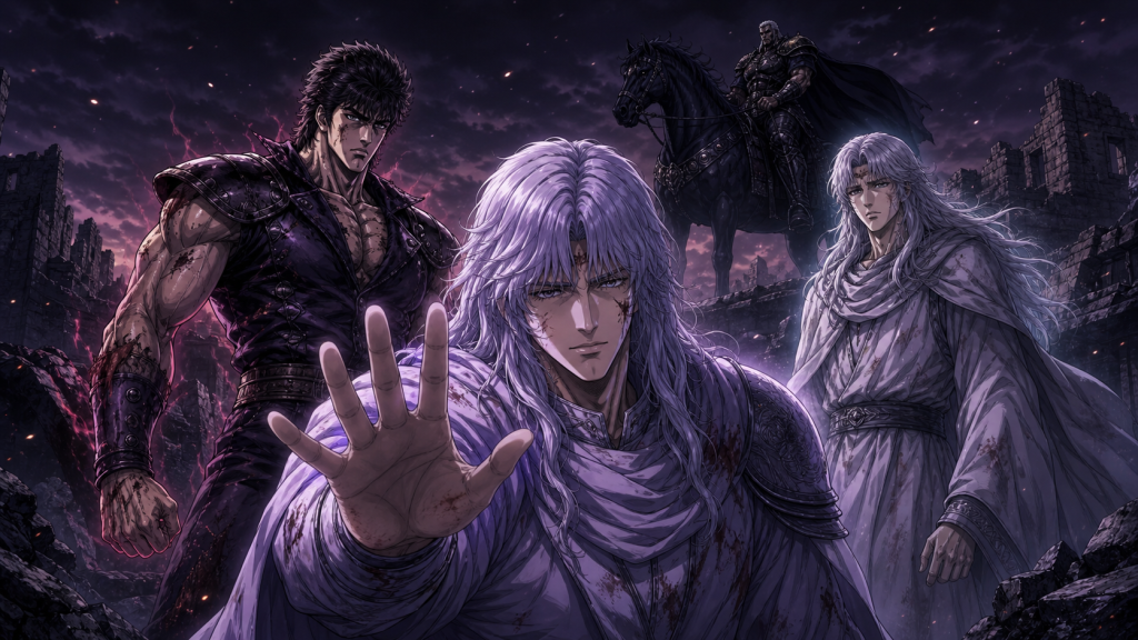 Modern Fist of the North Star fan art with injured Rei raising a hand to stop Kenshiro, Toki arriving, and Raoh waiting on horseback