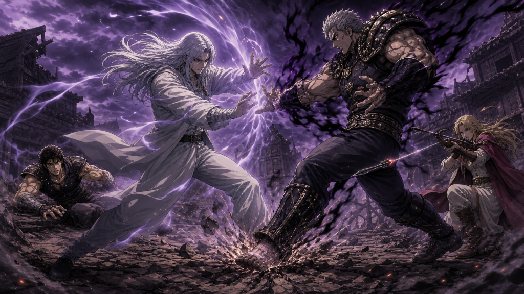 Modern Fist of the North Star fan art showing Toki redirecting Raoh’s aura, Kenshiro immobilized, and Mamiya firing a crossbow