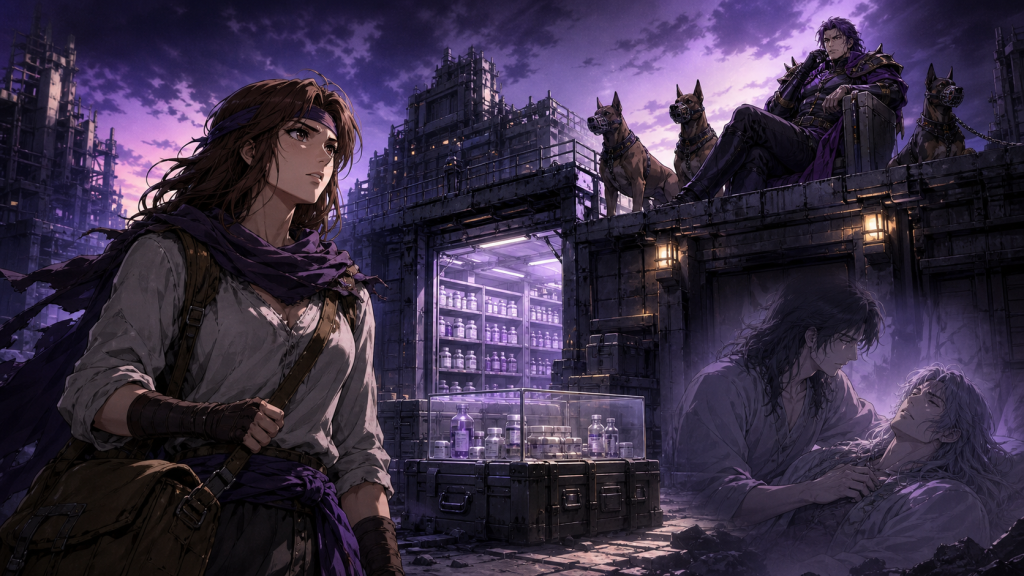 Modern Fist of the North Star fan art showing Mamiya confronting a guarded medicine supply while Gulf controls exploited dogs and Toki tends Rei