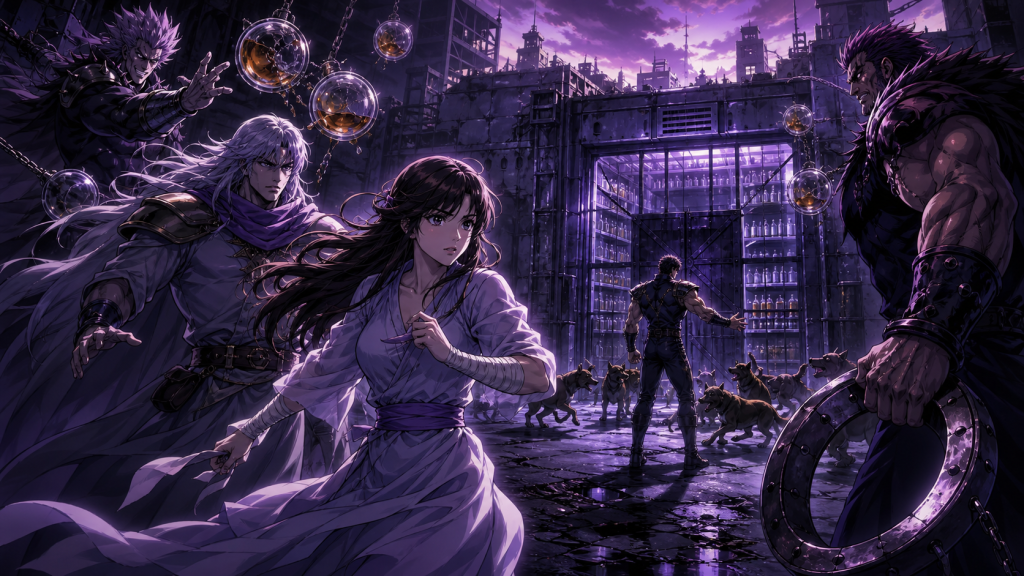 Modern Fist of the North Star fan art showing Mamiya and Rei at a medicine warehouse, acid spheres overhead, Kenshiro dispersing dogs, and Gulf wielding a steel collar