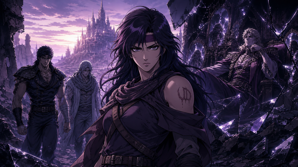 Modern Fist of the North Star fan art showing Mamiya standing self-possessed with the UD mark visible, Kenshiro and Rei behind her, and Juda reflected in broken mirrors