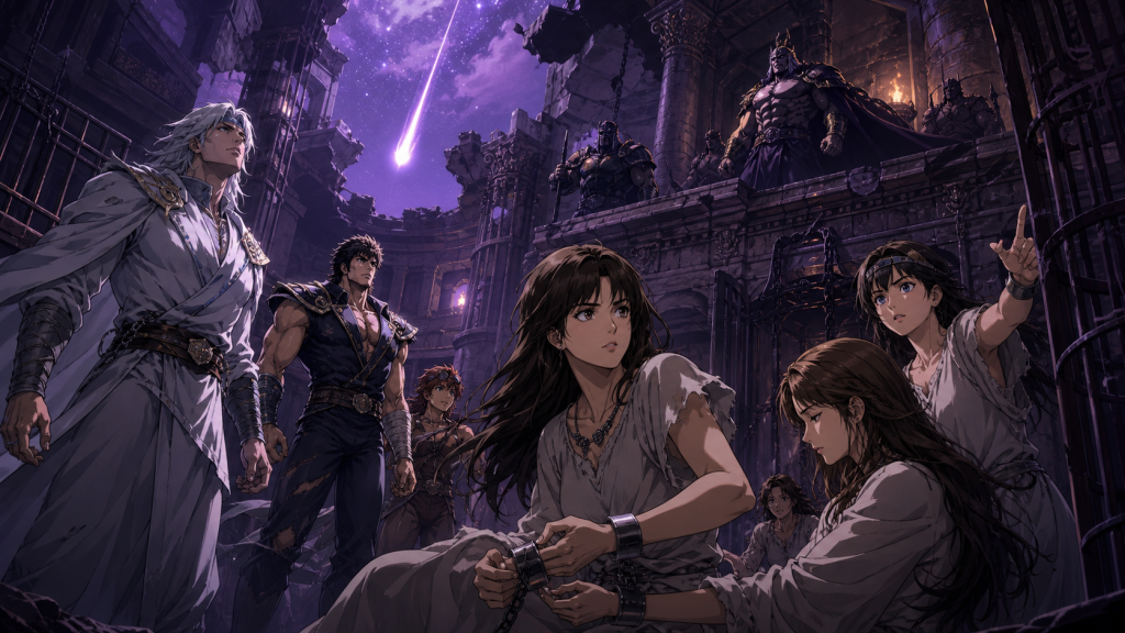 Modern Fist of the North Star fan art showing Rei, Kenshiro, Nova, and abducted women coordinating inside Juda’s palace as the Death Omen Star falls