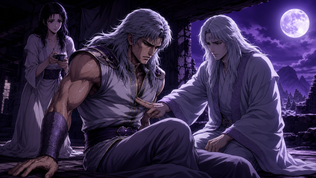 Modern Fist of the North Star fan art showing Rei accepting Toki’s painful counter-pressure-point intervention while Mamiya holds the peaceful medicine