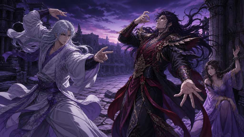 Modern Fist of the North Star fan art showing Rei and Juda in opposing Nanto stances while Mamiya works one wrist free behind them