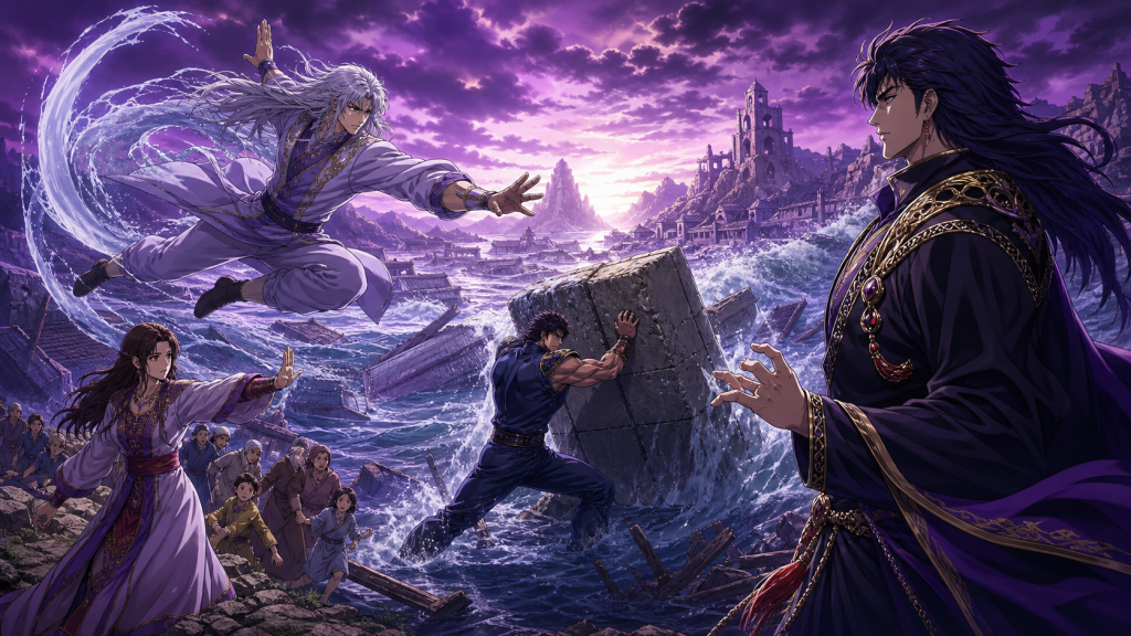 Modern Fist of the North Star fan art showing Rei’s final airborne technique, Kenshiro sealing the broken dam, Mamiya directing villagers, and Juda facing the consequences of sabotage