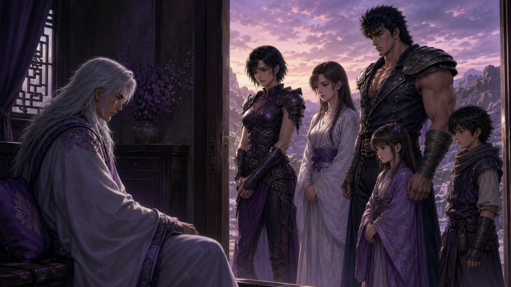 Modern Fist of the North Star fan art showing Rei inside a private room while Mamiya, Airi, Kenshiro, Lin, and Bat wait outside