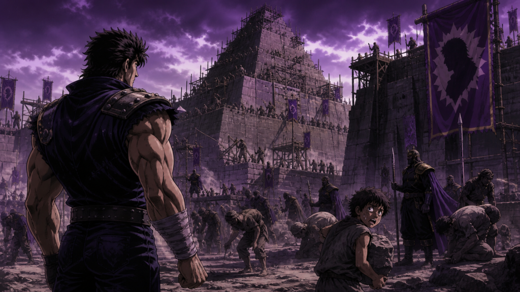 Modern Fist of the North Star fan art showing Kenshiro facing Souther’s monumental city while a child carries stone in the foreground