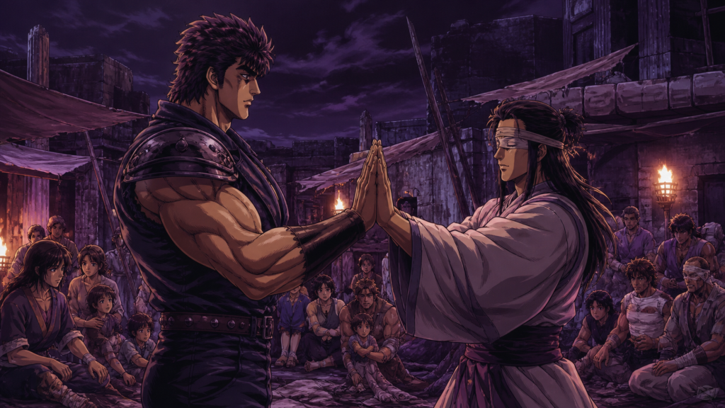 Modern Fist of the North Star fan art showing blind Nanto master Shu and Kenshiro meeting palms in a controlled test before the resistance