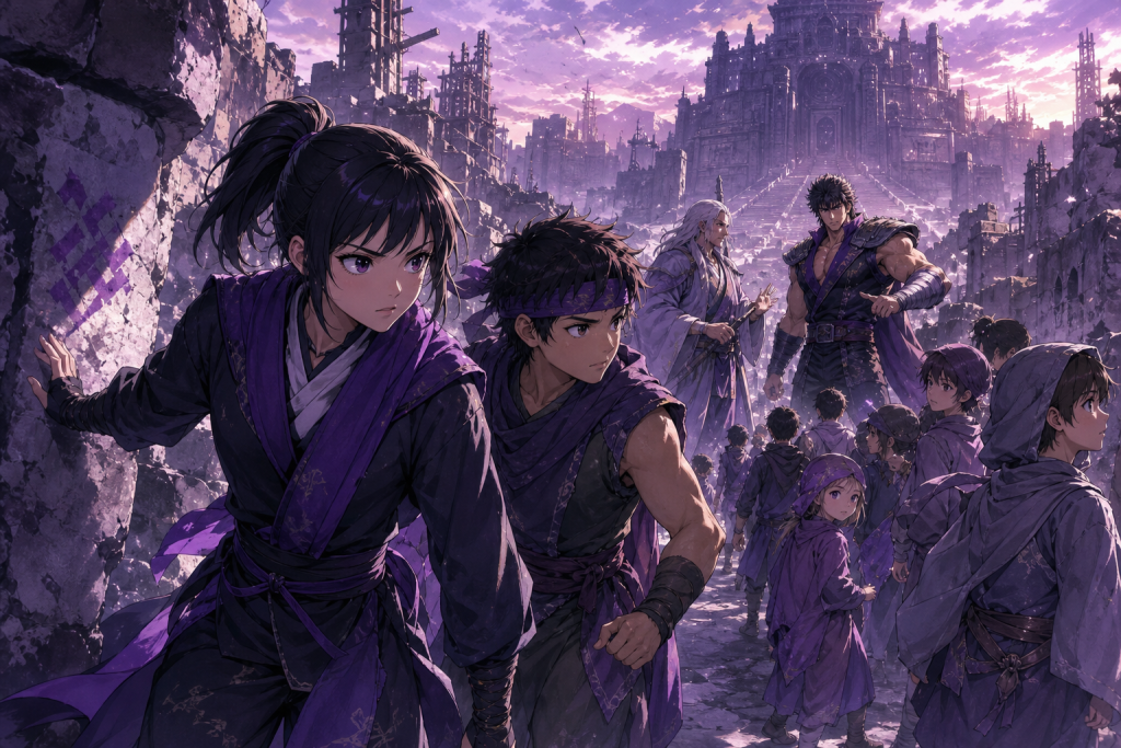 Modern Fist of the North Star fan art showing Lin and Bat joining kidnapped children while Shu and Kenshiro coordinate a rescue