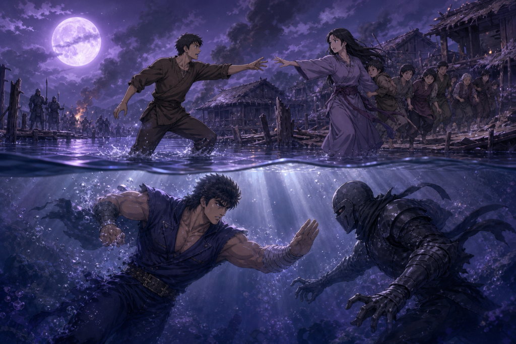 Modern Fist of the North Star fan art showing Jay and his fiancée across an evacuation while Kenshiro fights one assassin underwater