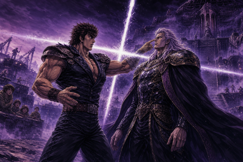 Modern Fist of the North Star fan art showing Kenshiro touching Jinchu Kyoku as Souther remains calm beneath a cross-shaped Nanto afterimage
