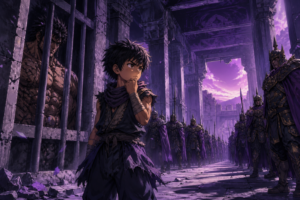 Modern Fist of the North Star fan art showing Shiba before imperial troops while wounded Kenshiro remains behind stone bars